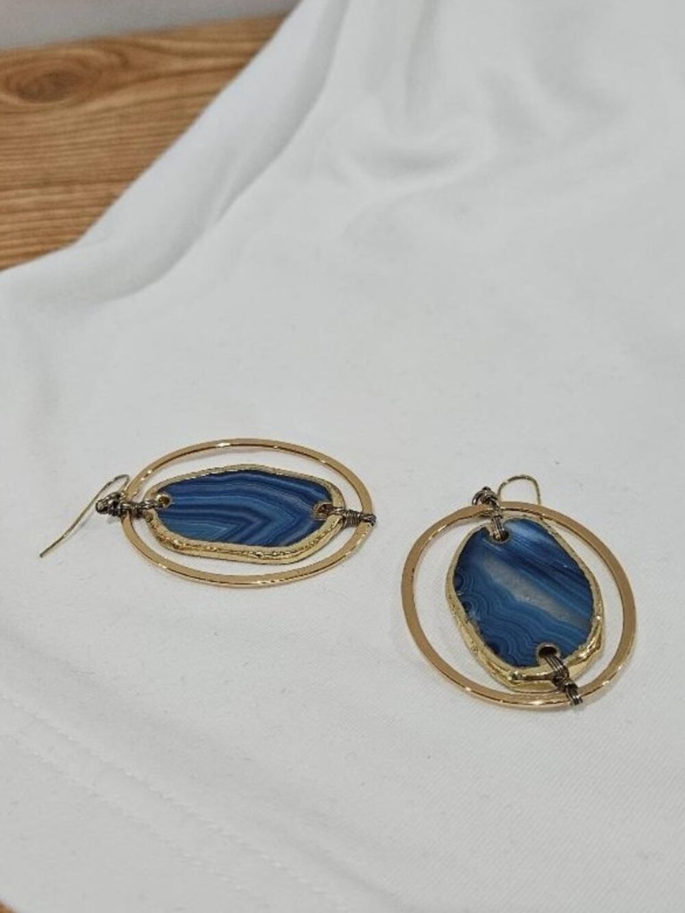 BLUE AGATE SLICE GOLD EARRINGS